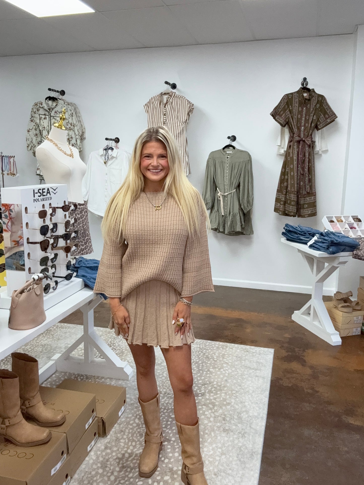 Beige Sweater Skirt Set