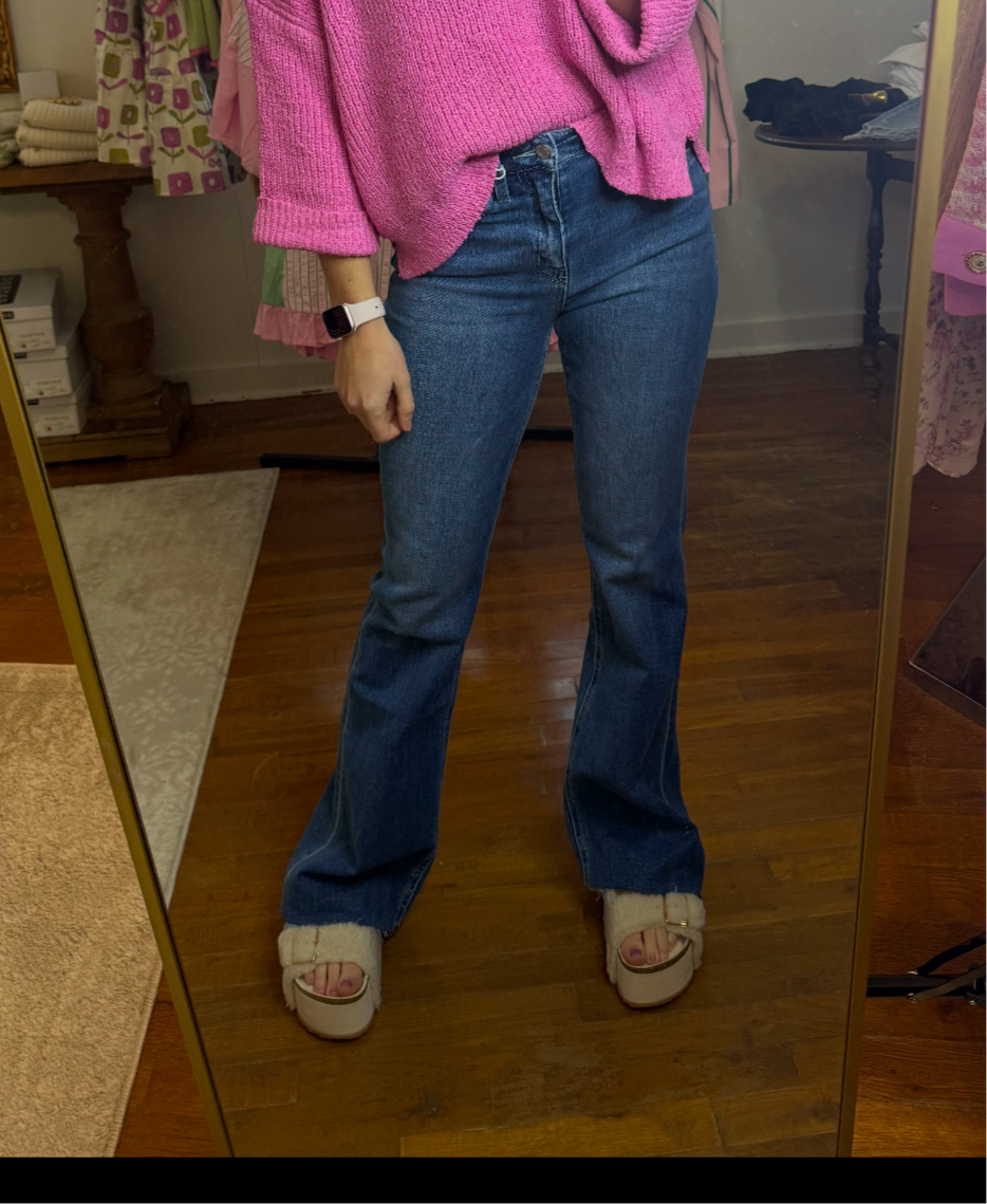High Rise Raw Hem Flare Jeans