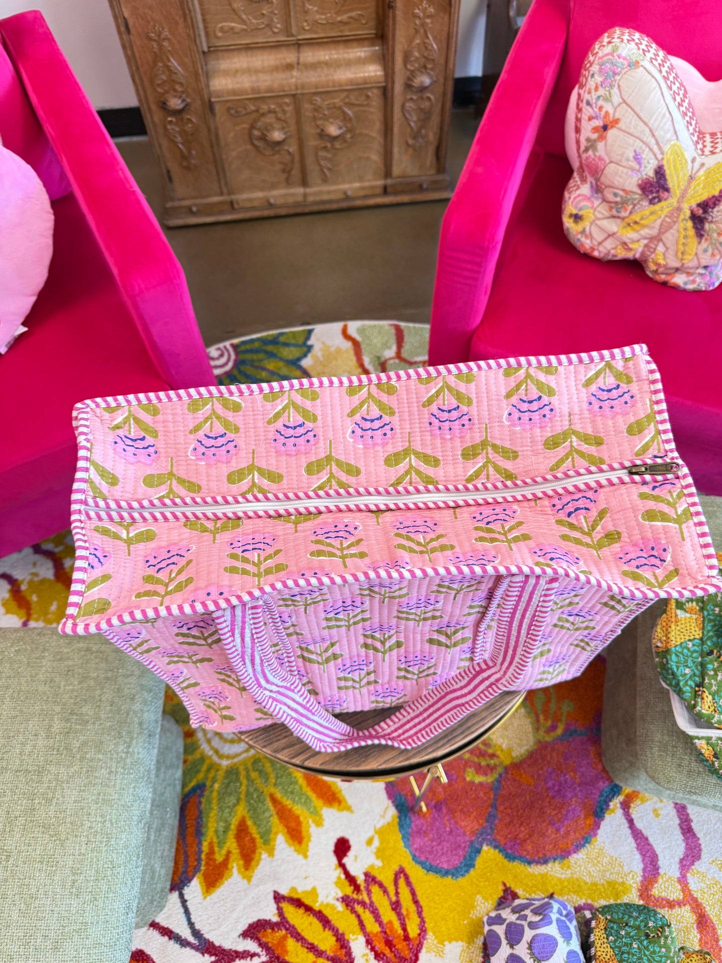 Large Quilted Tote Bag - Light Pink Flowers