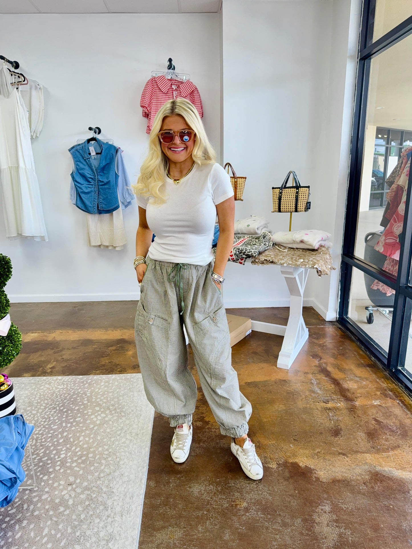 Striped Gathered Ankle Parachute Pants with a Drawstring and Pockets