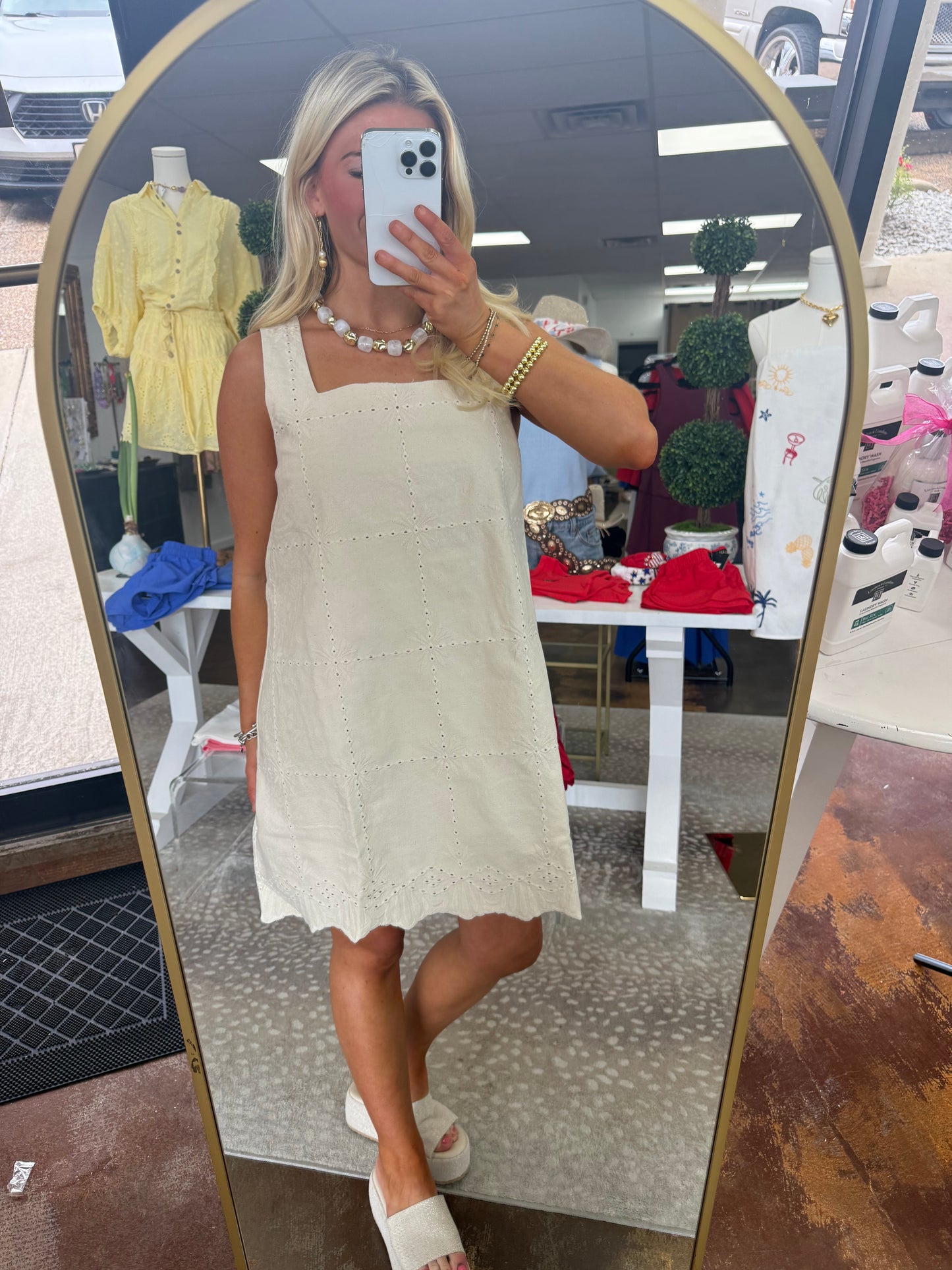 Eyelet Square Neck Mini Dress