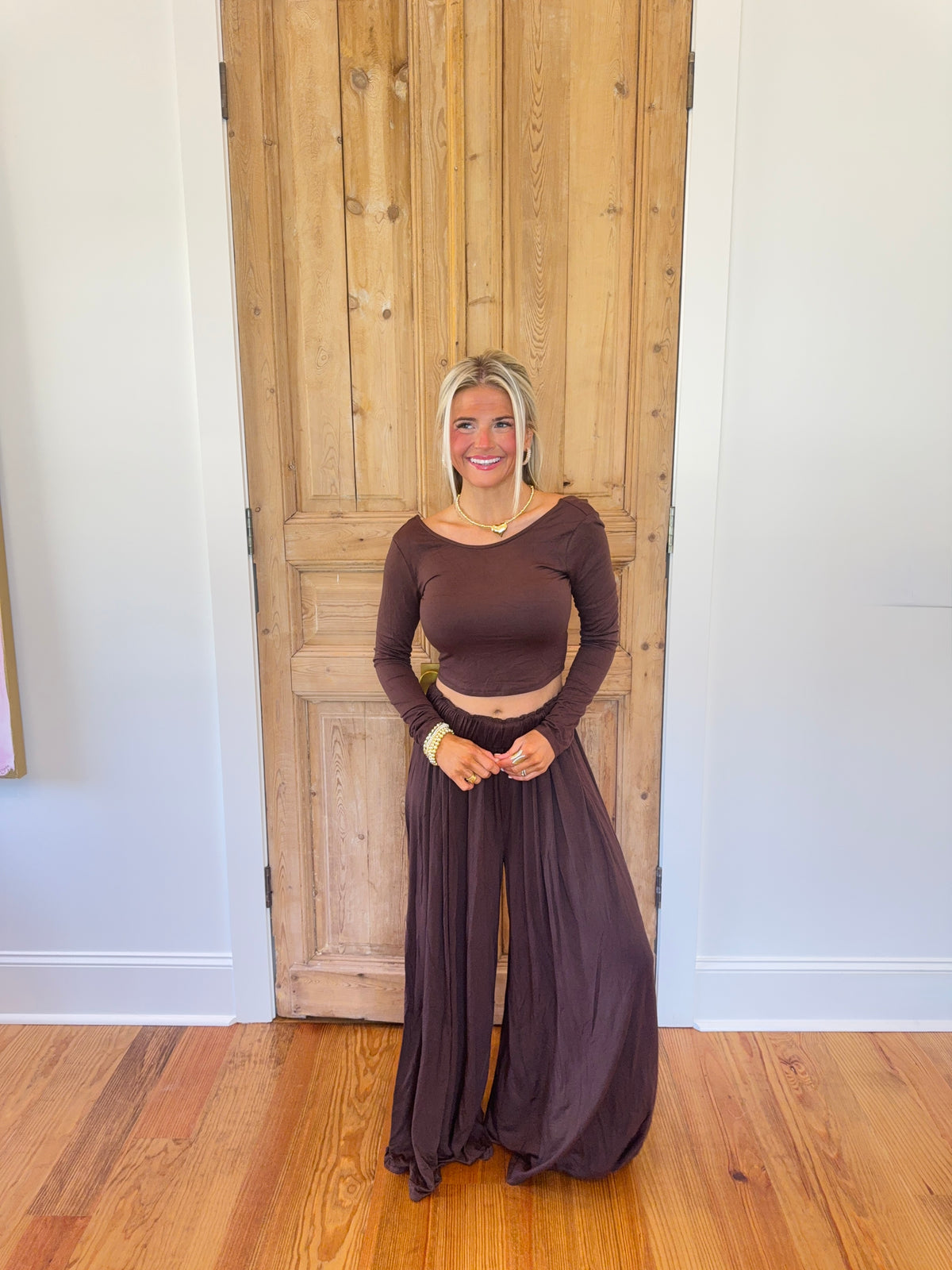 Subrina Long Sleeve Top & Wide Leg Pants Set - Espresso
