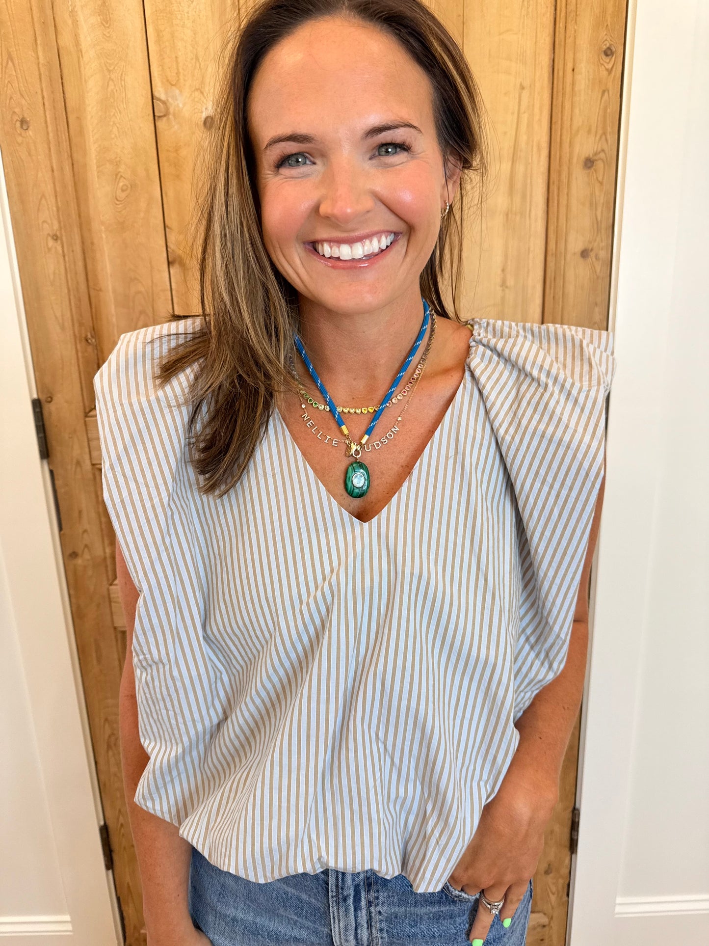 Stripe V-Neck Bubble Top - Blue