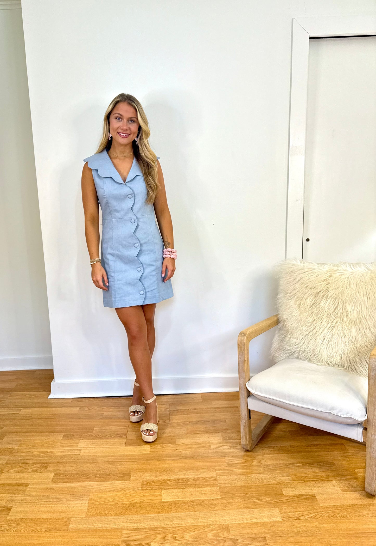 Denim Veck Dress with Button & Scallop Detail