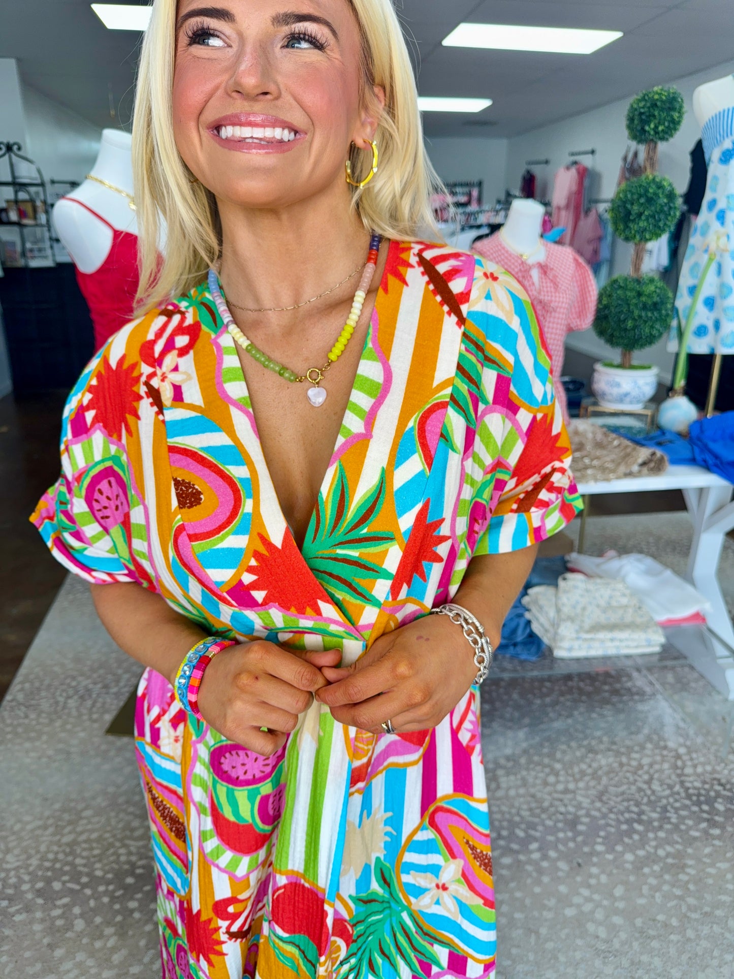 Island Fruit Gauze V- Neck Maxi Dress