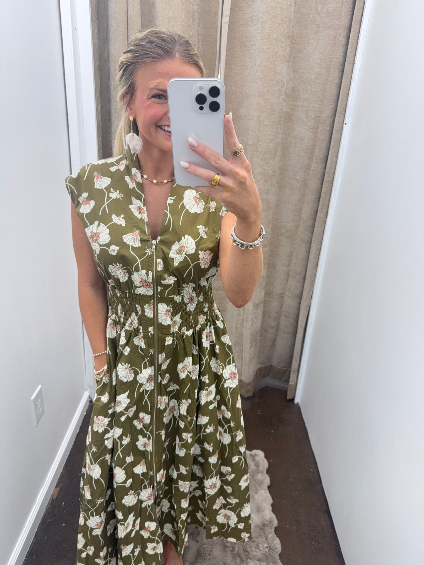 DROP SHOULDER SMOCKED WAIST FRONT ZIP PRINTED MINI DRESS WITH POCKETS