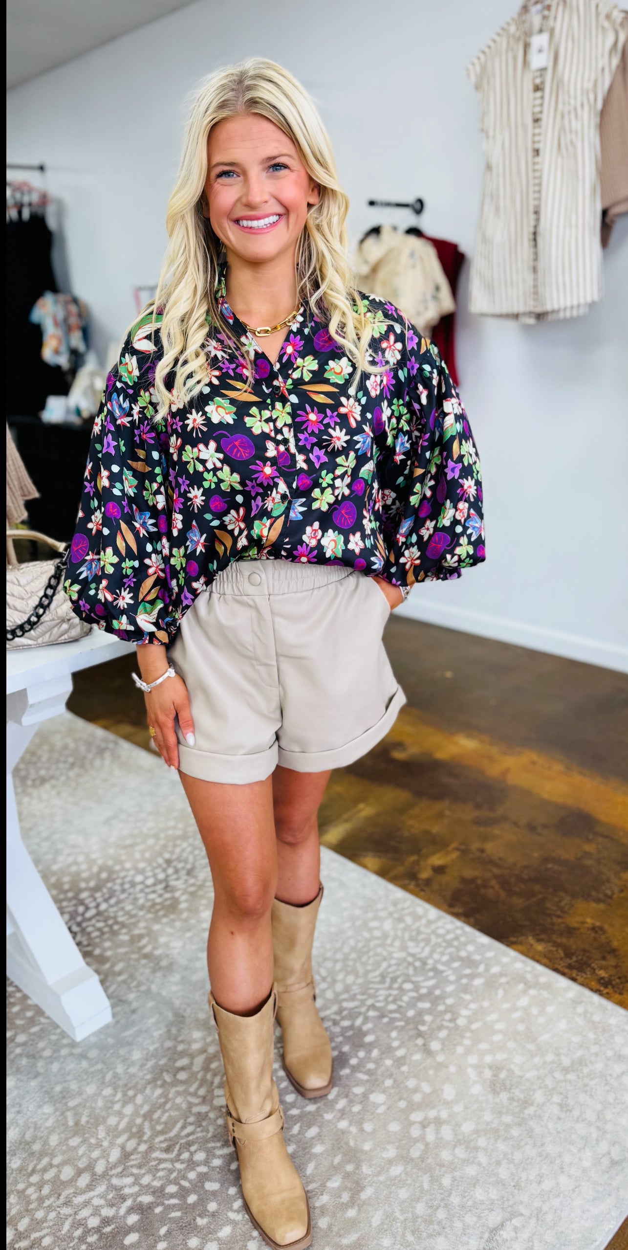 Floral Satin Button Puff Sleeve Top