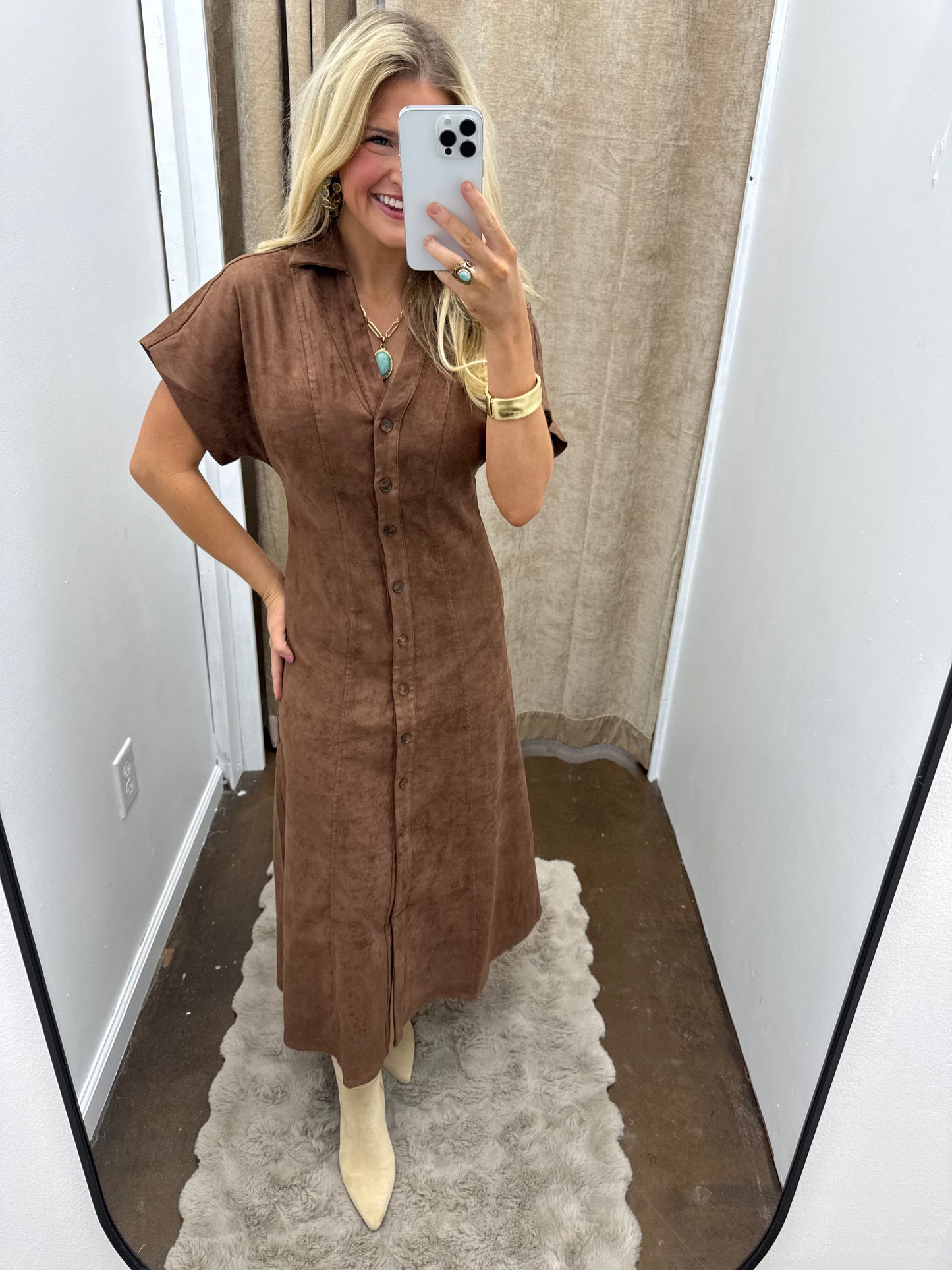 Short Sleeve Suede Dress