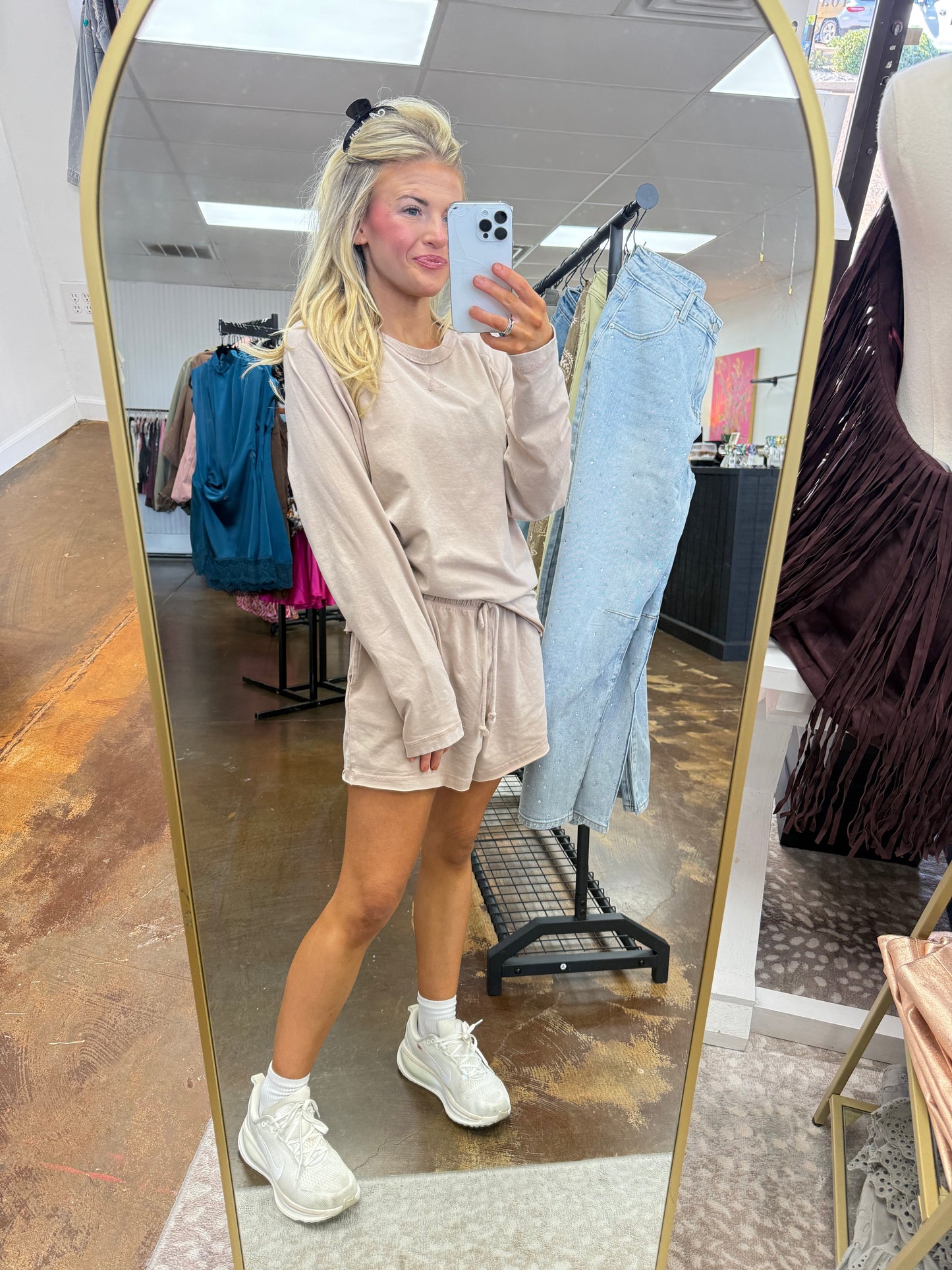Mineral Wash Long Sleeve Raw Edge Top & Shorts Set - Dark Taupe