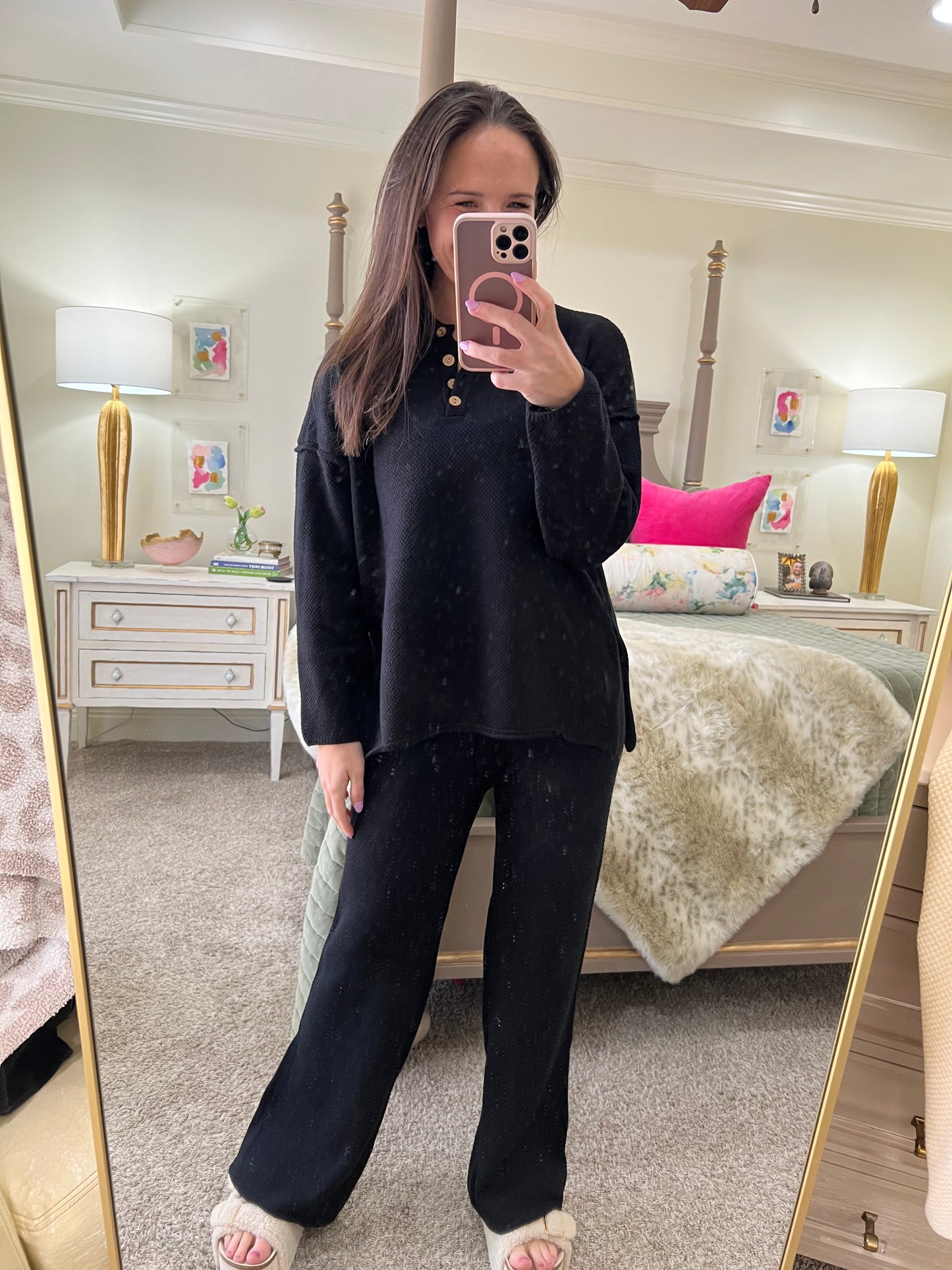 Relaxed Henley Waffle Knit Lounge Set