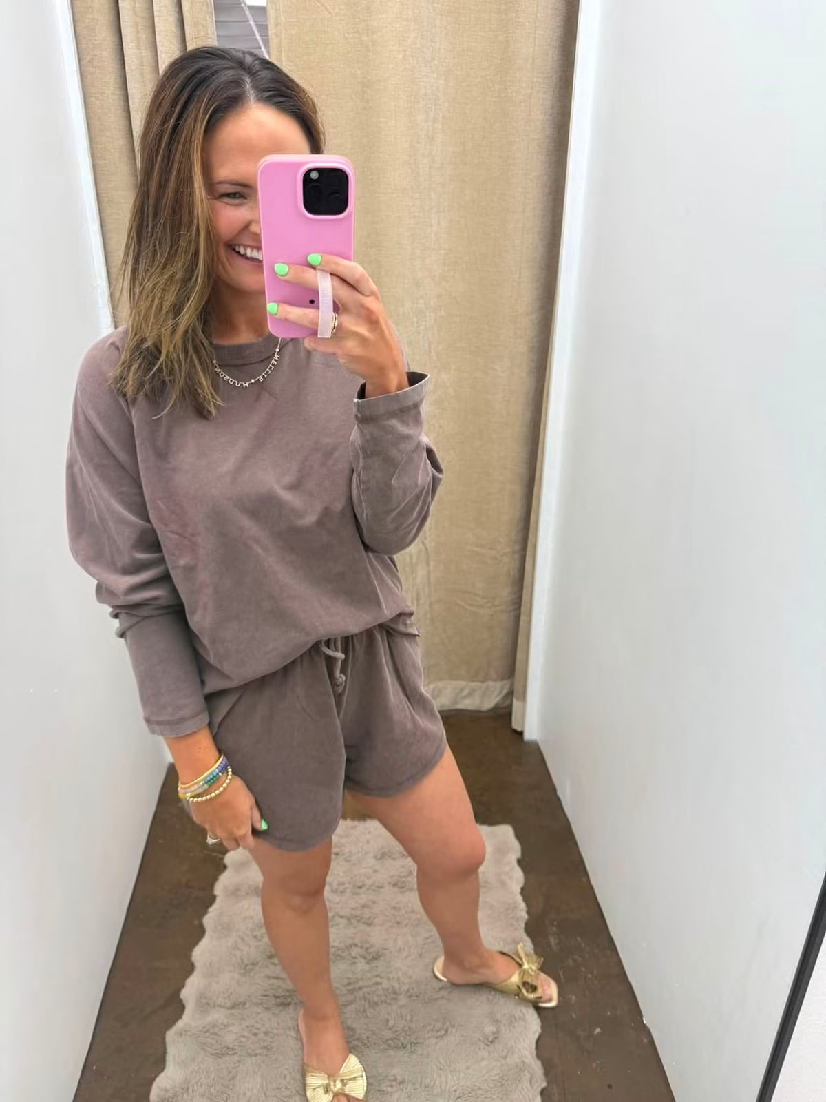 Mineral Wash Long Sleeve Raw Edge Top & Shorts Set - Dark Brown