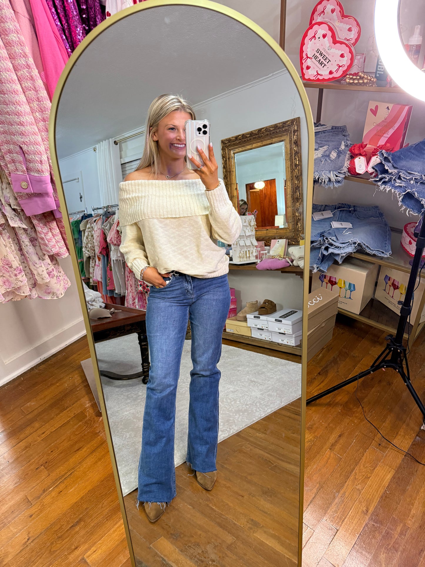 High Rise Raw Hem Flare Jeans