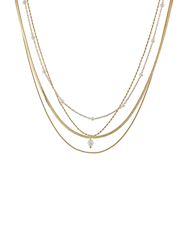 4 Layered Pearl & Chain Necklaceaux Pearl * Lobster Clasp * 16" L