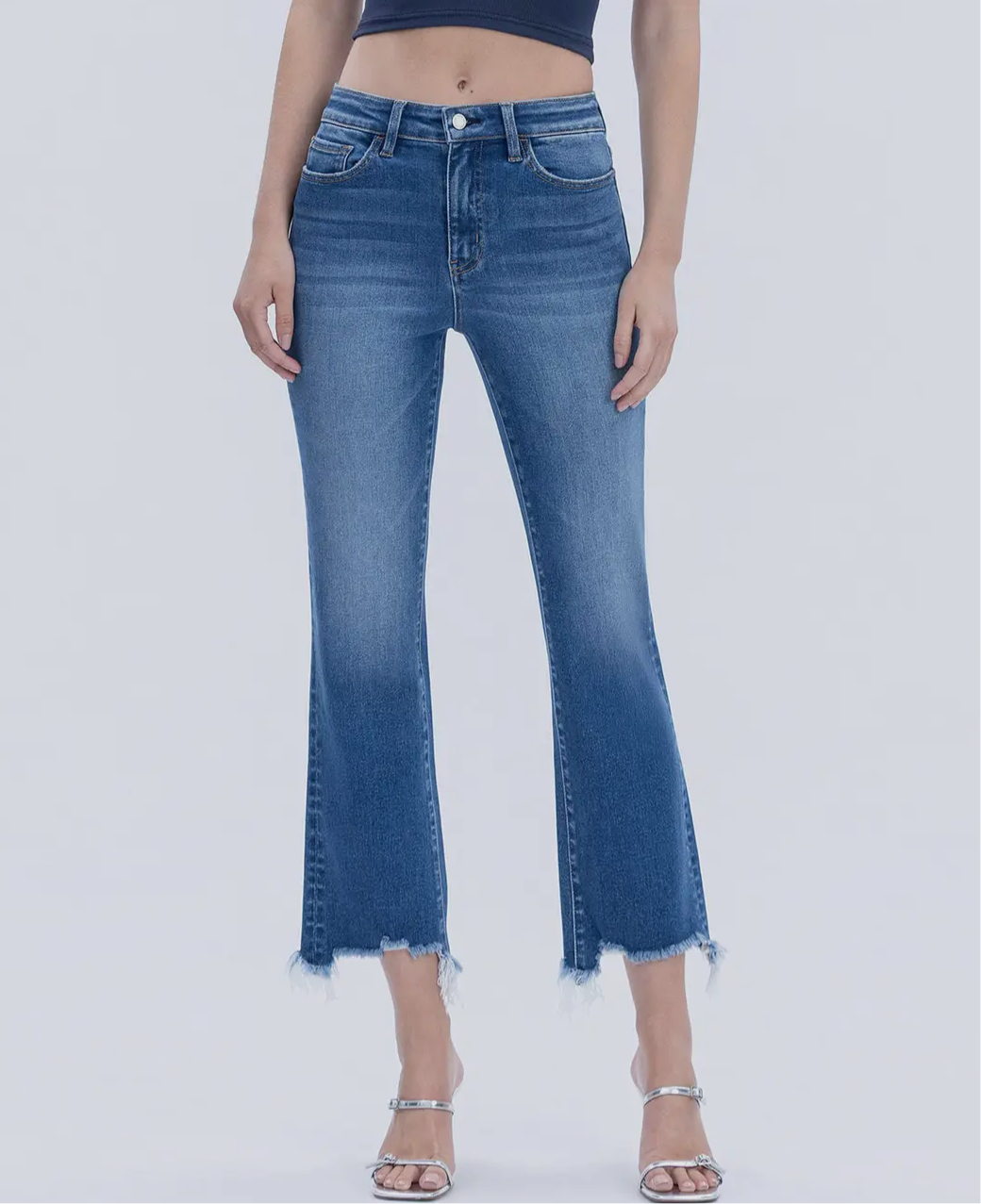 High Rise Distressed Hem Kick Flare Jeans