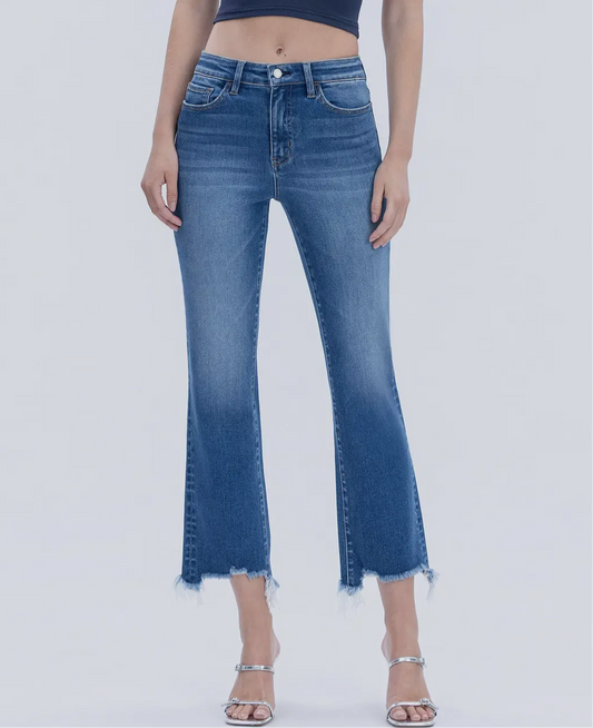 High Rise Distressed Hem Kick Flare Jeans