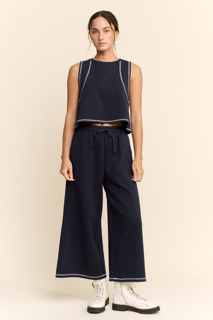 CONTRAST STITCHES TOP ELASTIC WAIST PANTS SET