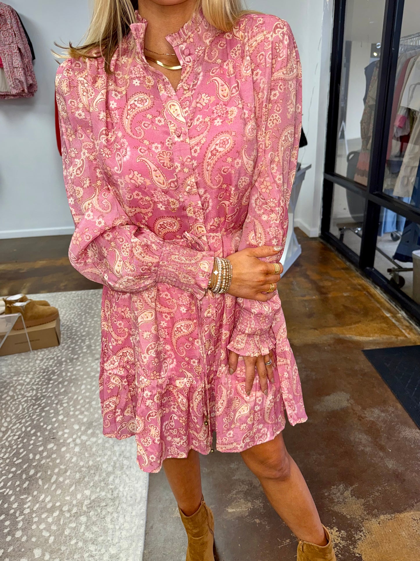 Paisley Print High Ruffled Collar Tie Waist Dress
