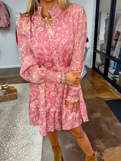 Paisley Print High Ruffled Collar Tie Waist Dress
