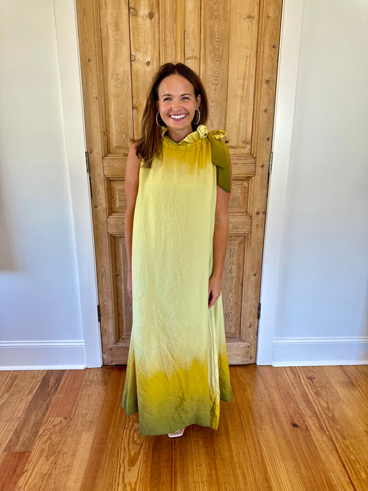 Ombre Sleeveless Maxi Dress with Tie Neck- Mustard