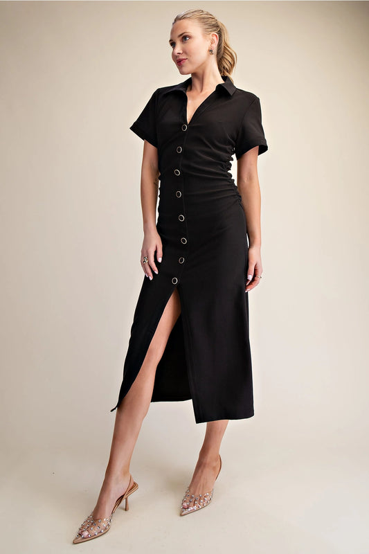 Samantha V-Neck Side Ruching Midi Dress