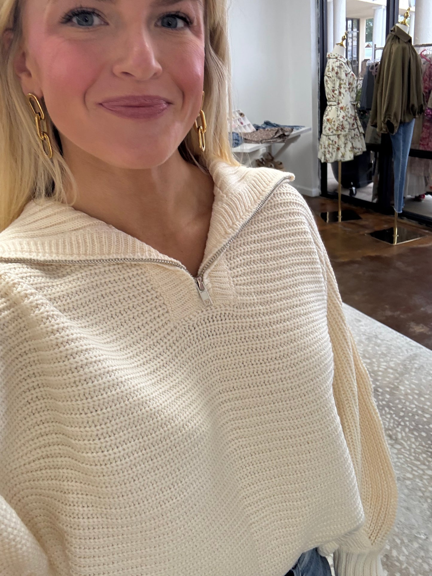 LONG SLEEVE HALF ZIP BATWING SWEATER