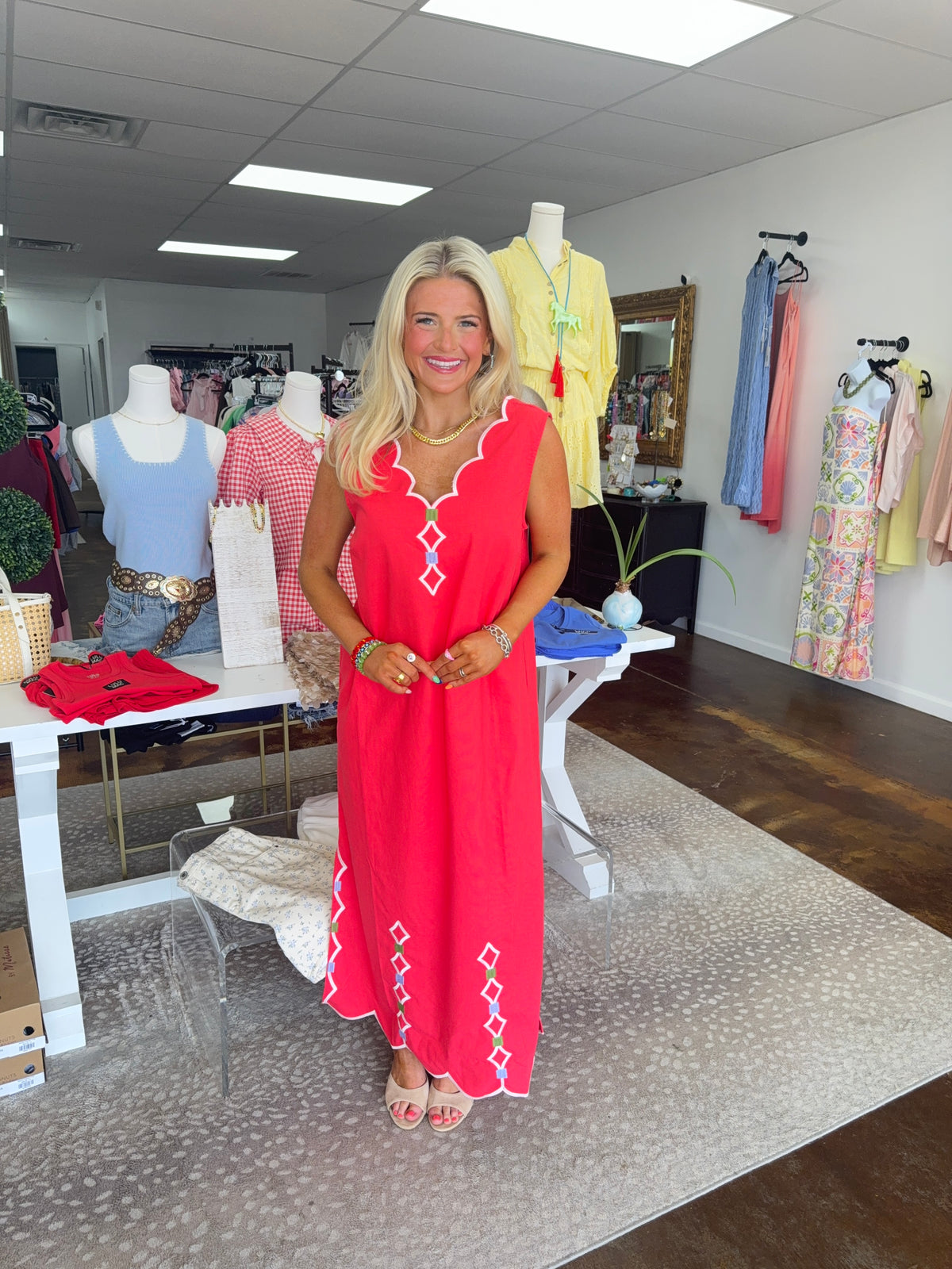 Solid V-Neck Scallop Maxi Dress with Embroidery