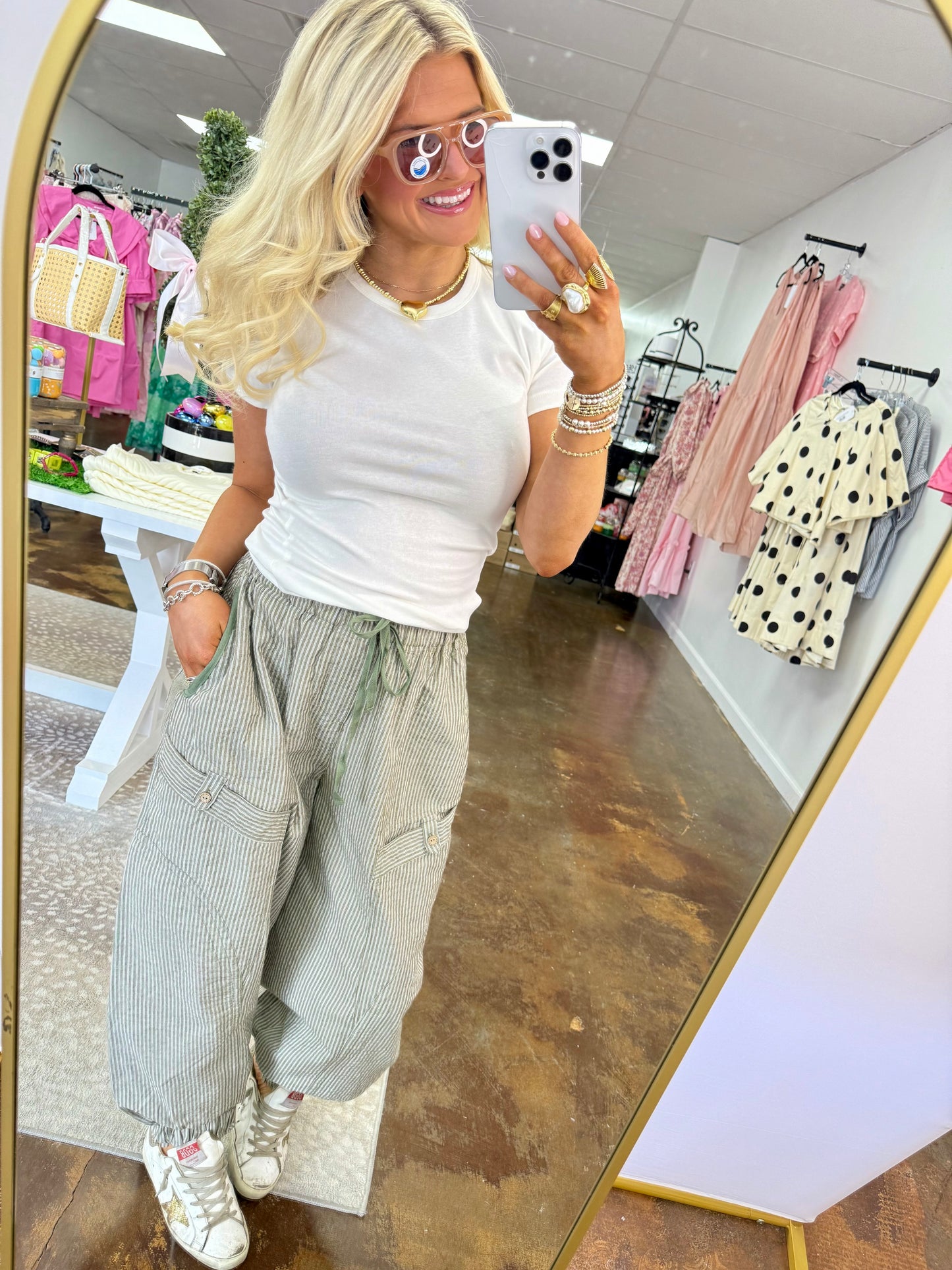 Striped Gathered Ankle Parachute Pants with a Drawstring and Pockets