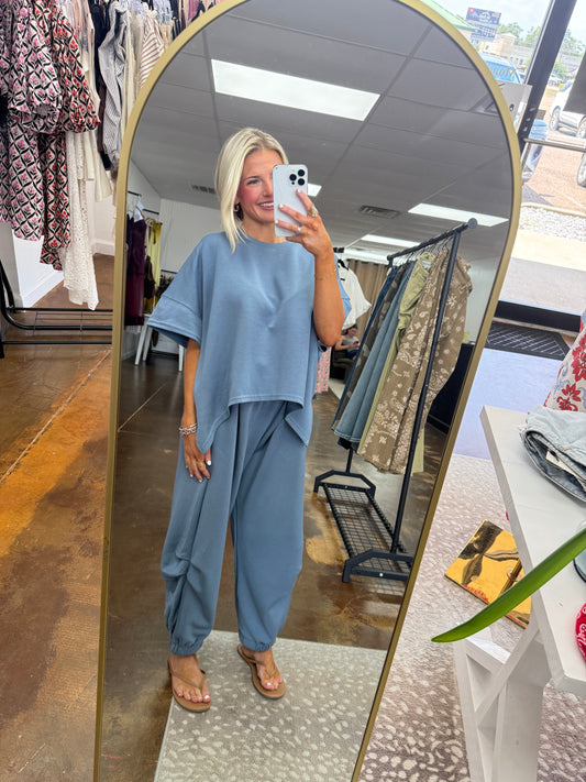 Cameron Top and Semi Harem Pants Set - WASHED DENIM BLUE