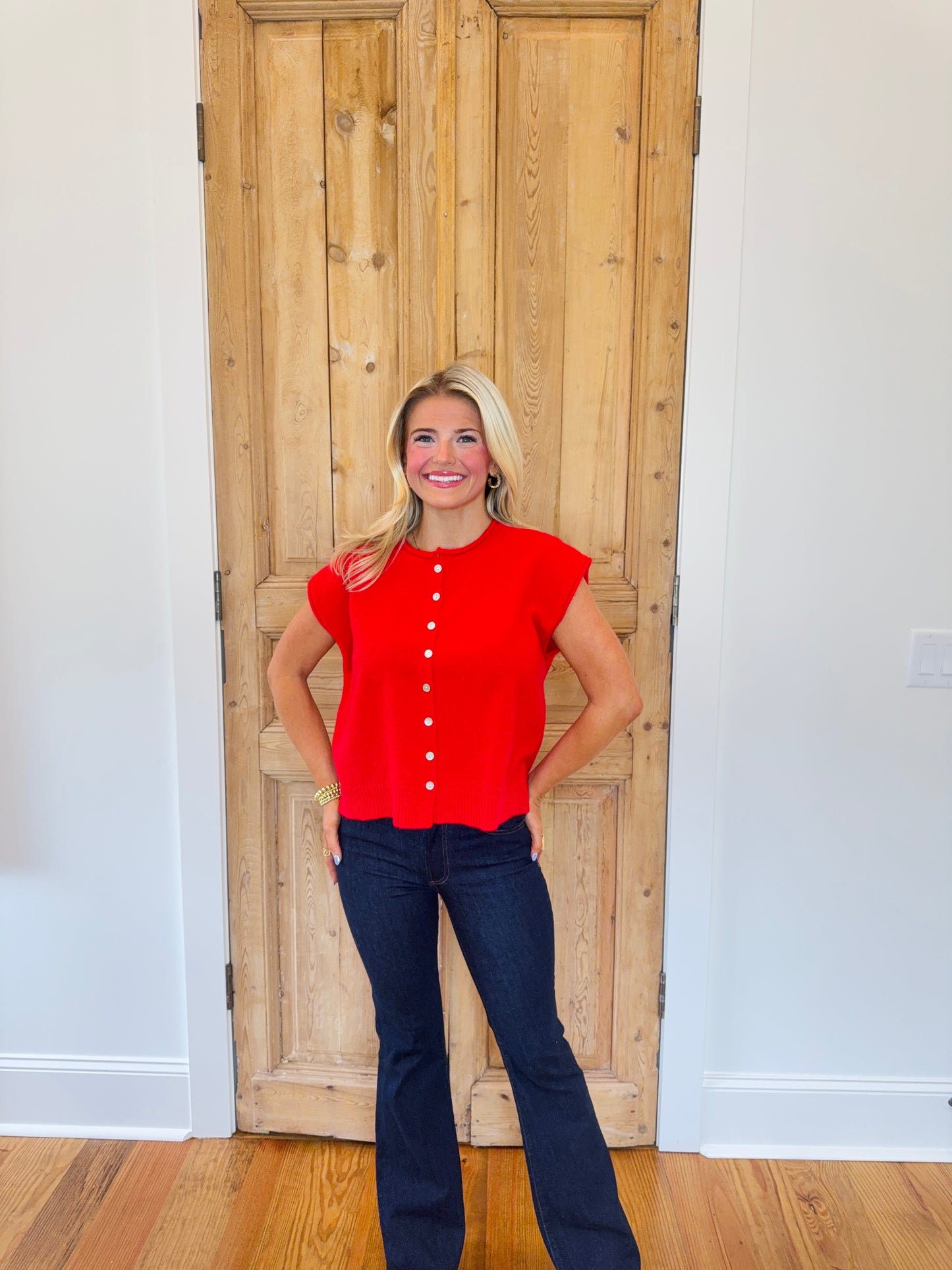 Rolled Edge Button Front Sweater Vest - Red