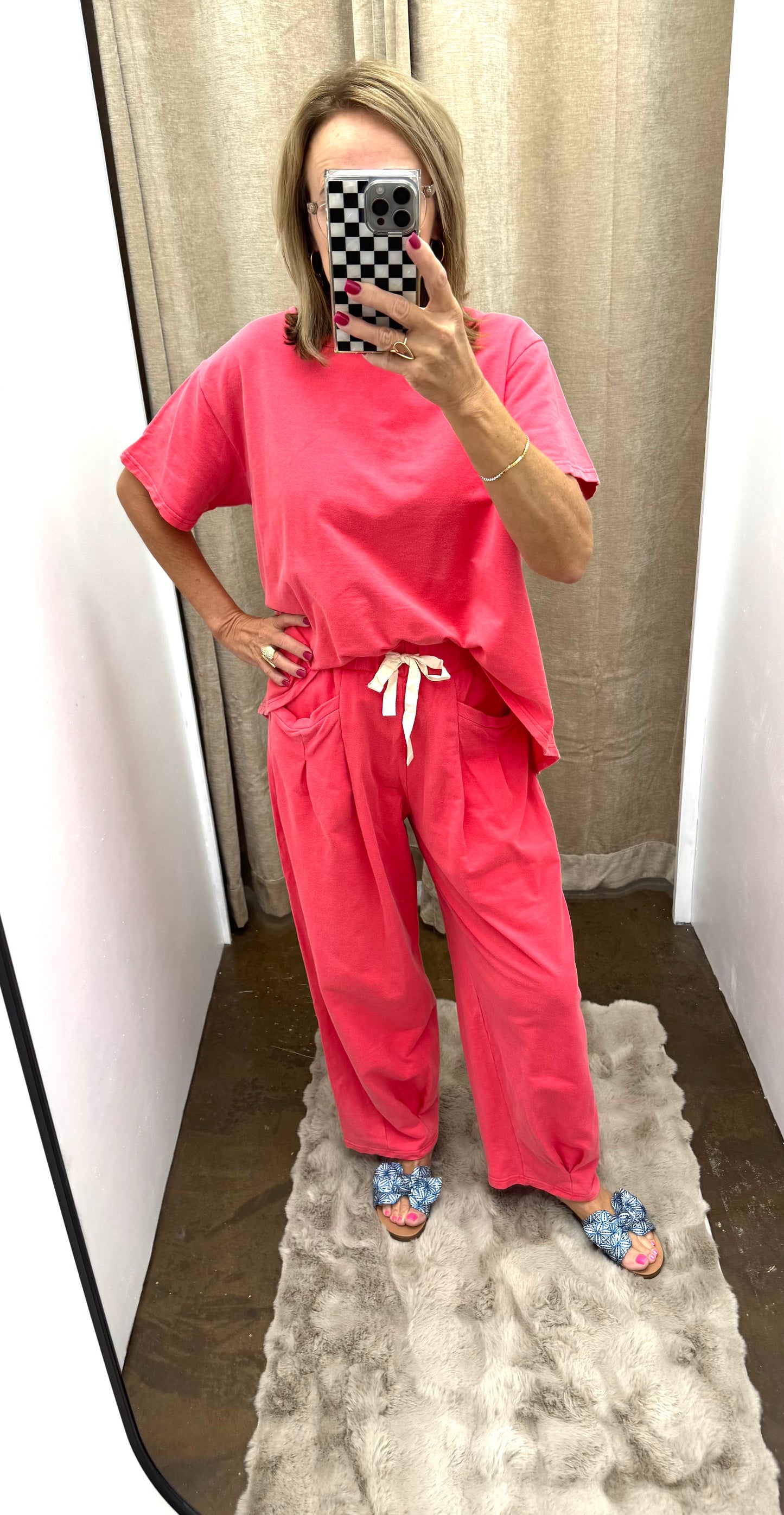 GARMENT WASHED PLEAT DETAIL SHORT SLEEVE TOP AND PANTS SET