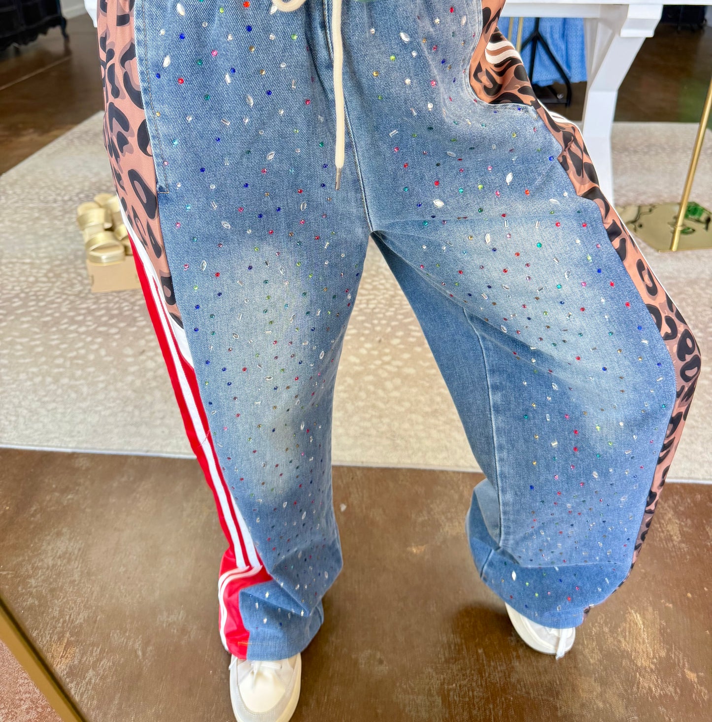 Rhinestone & Leopard Denim Track Pant