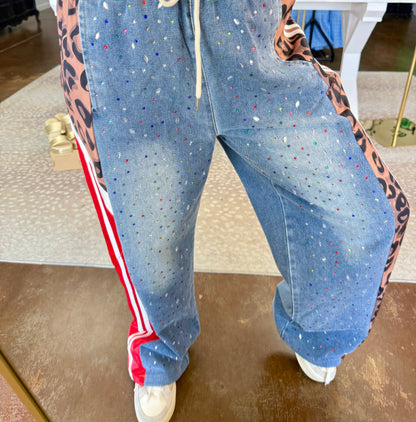 Rhinestone & Leopard Denim Track Pant