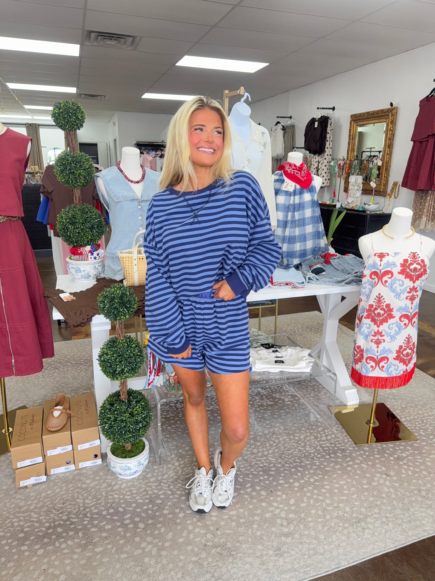 Teagan Navy & Blue Striped Long Sleeve & Terry Shorts Set