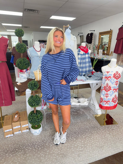 Teagan Navy & Blue Striped Long Sleeve & Terry Shorts Set