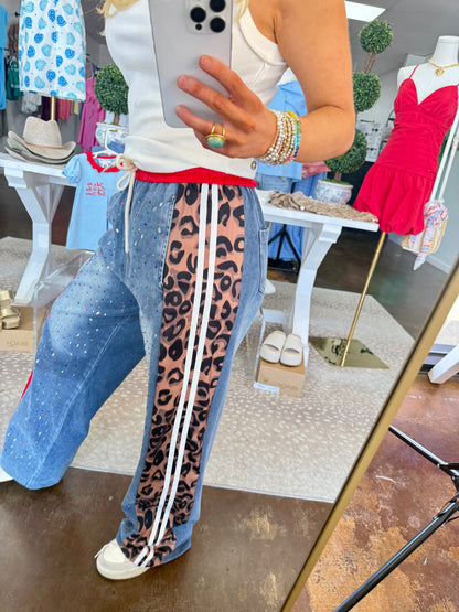 Rhinestone & Leopard Denim Track Pant