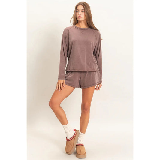 Mineral Wash Long Sleeve Raw Edge Top & Shorts Set - Dark Brown