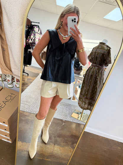 Faux Leather PinTuck and Lace Collar Top