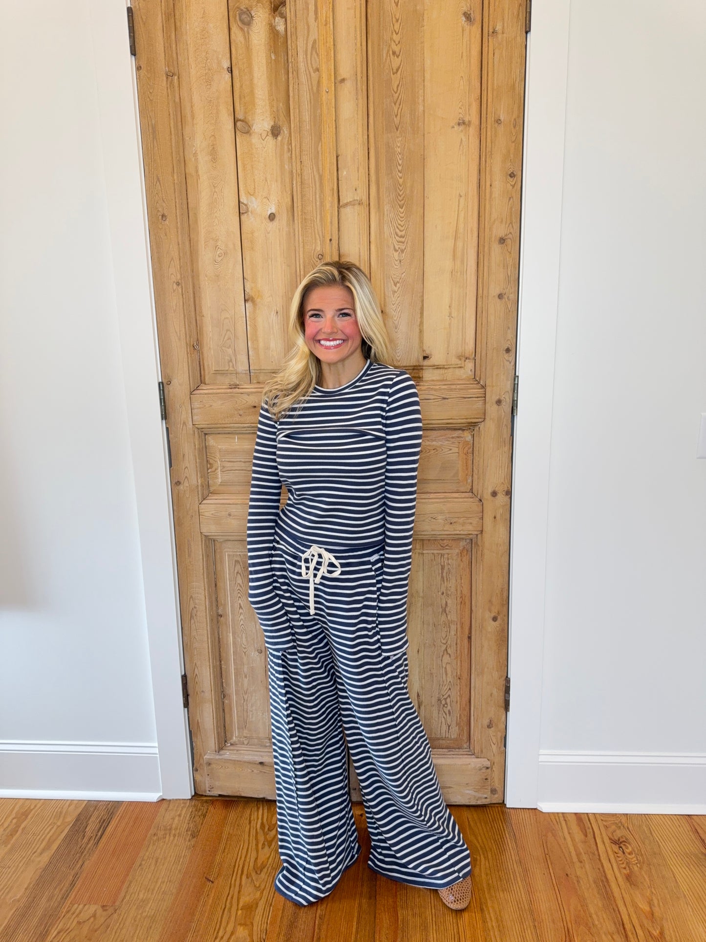 Sarah Striped Waffle Long Sleeve Top & Pants Set - Navy