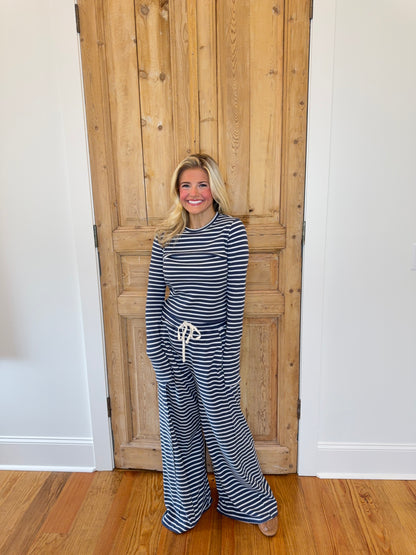Sarah Striped Waffle Long Sleeve Top & Pants Set - Navy