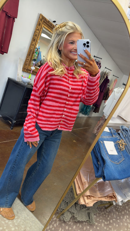 Camilla Two-Tone Striped Cardigan - Red/Pink