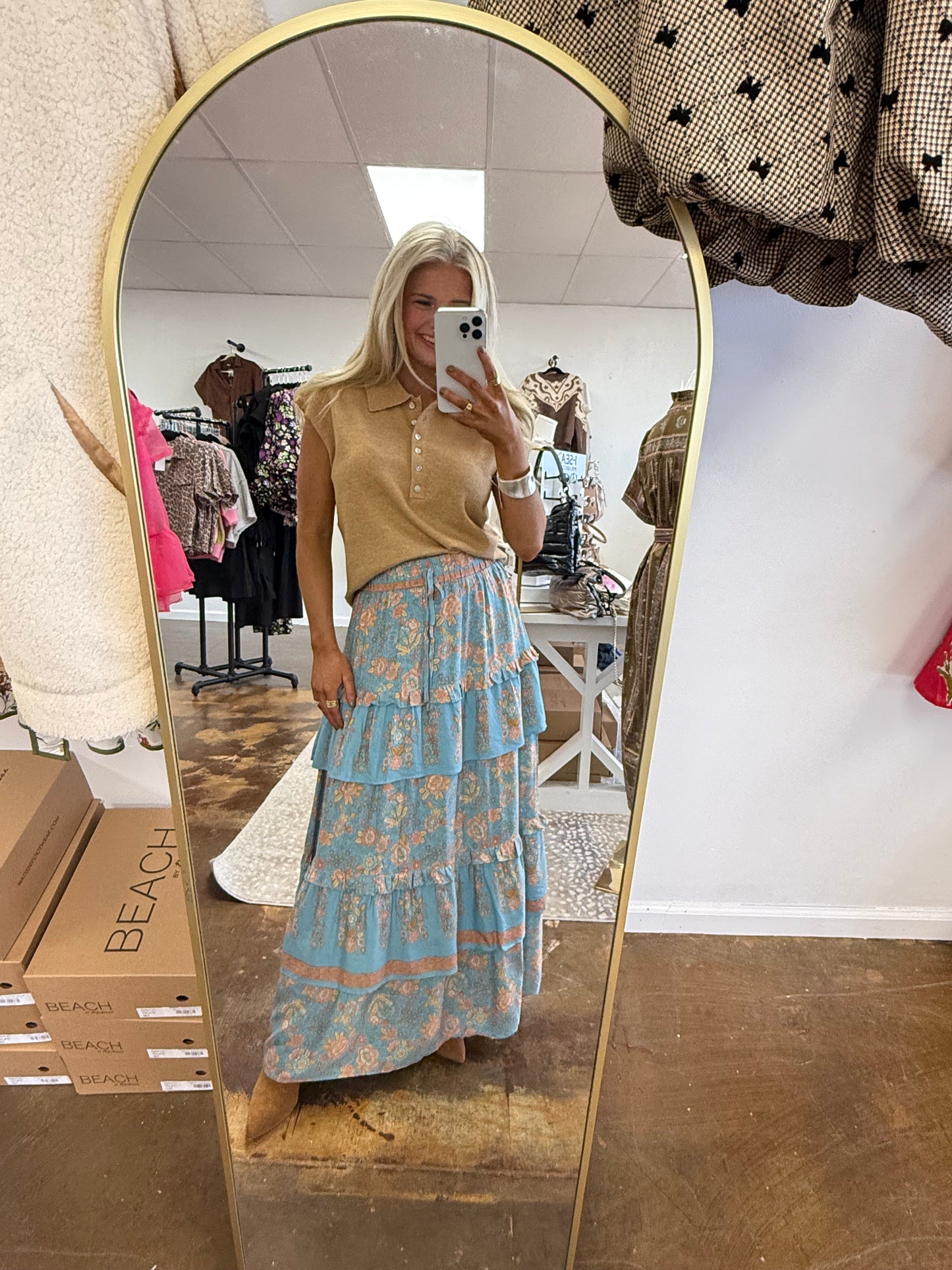 Ruffle Tier Border Printed Midi Skirt