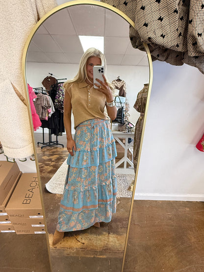 Ruffle Tier Border Printed Midi Skirt