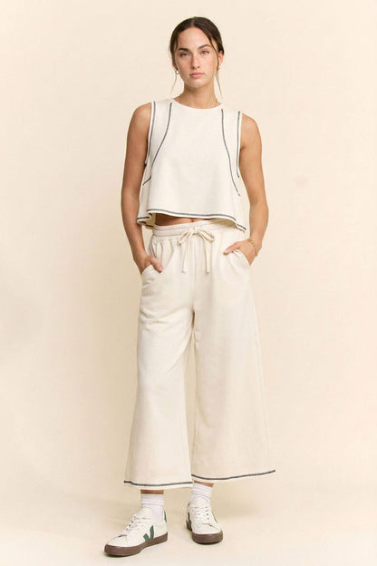 CONTRAST STITCHES TOP ELASTIC WAIST PANTS SET