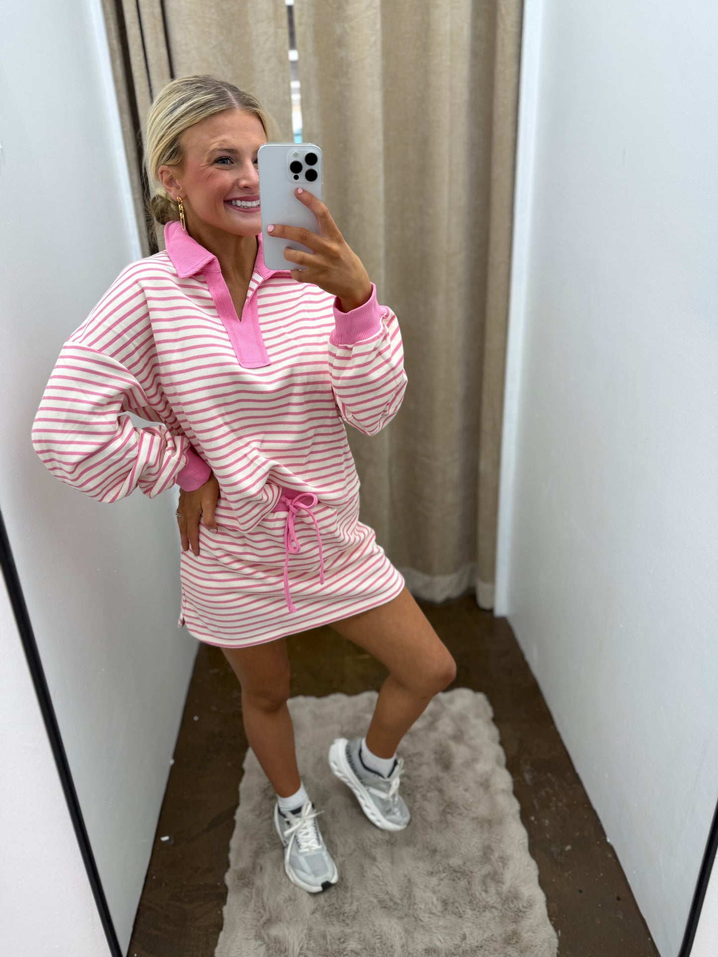 Pink Striped Collared V-Neck And Skirt Set