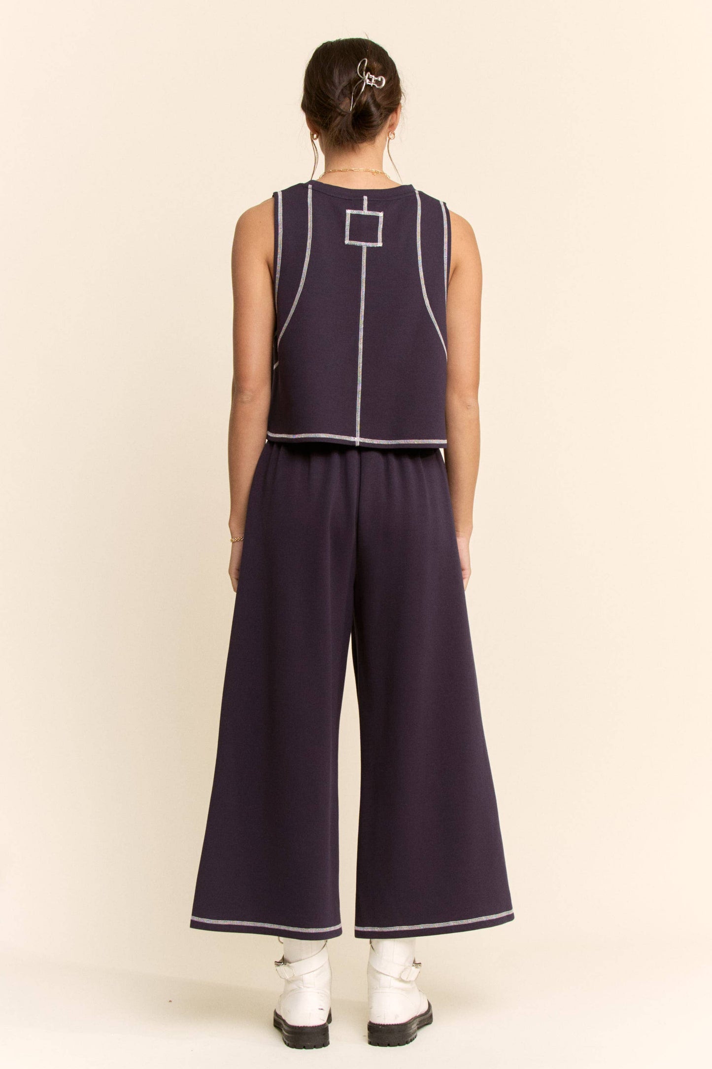CONTRAST STITCHES TOP ELASTIC WAIST PANTS SET