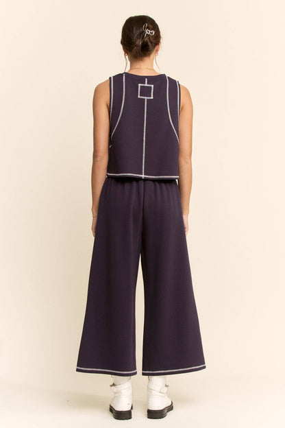 CONTRAST STITCHES TOP ELASTIC WAIST PANTS SET