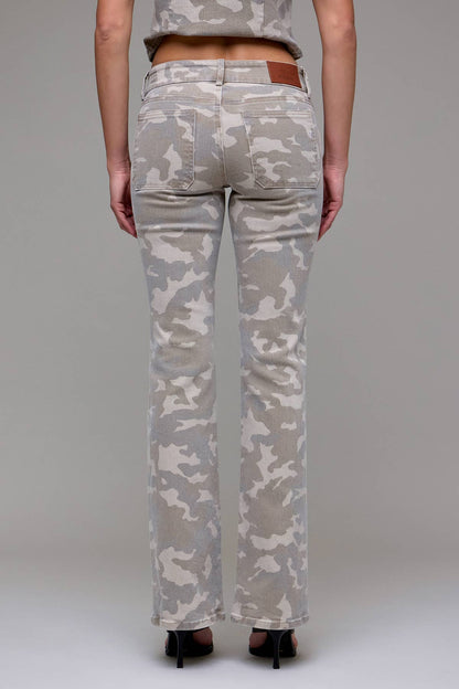Tan Camo Double Waistband Low Rise Bootcut