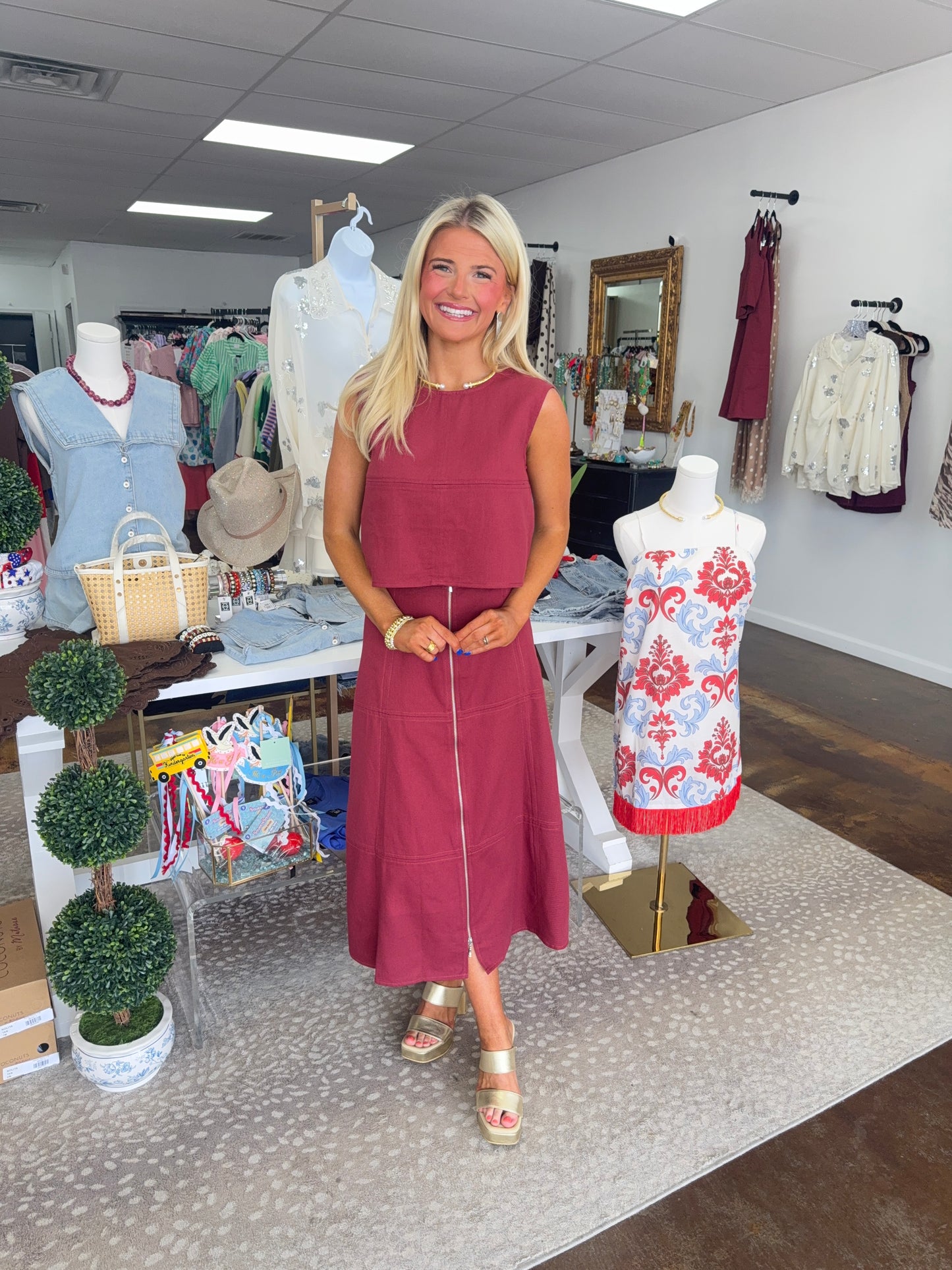 Denim Top & Front Zip Midi Skirt Set