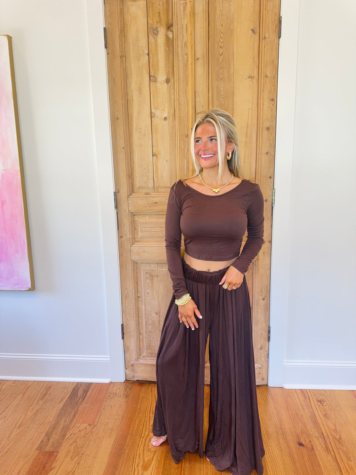Subrina Long Sleeve Top & Wide Leg Pants Set - Espresso