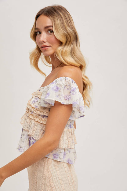 FLORAL PRINT RUFFLE with LACE TRIM- SKIRT SET